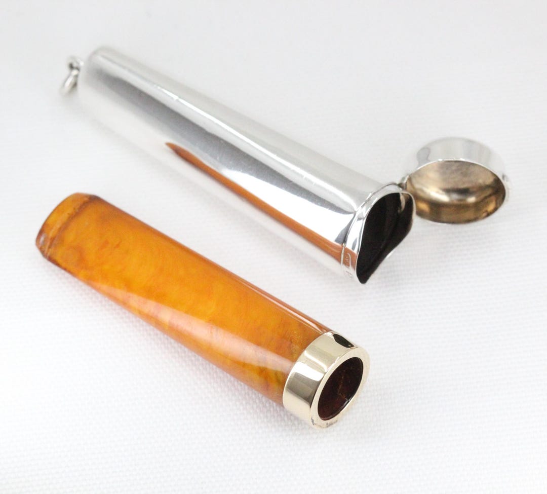 Antique Sterling Silver Cheroot Case: Amber & 9ct Gold Holder, Chester ...