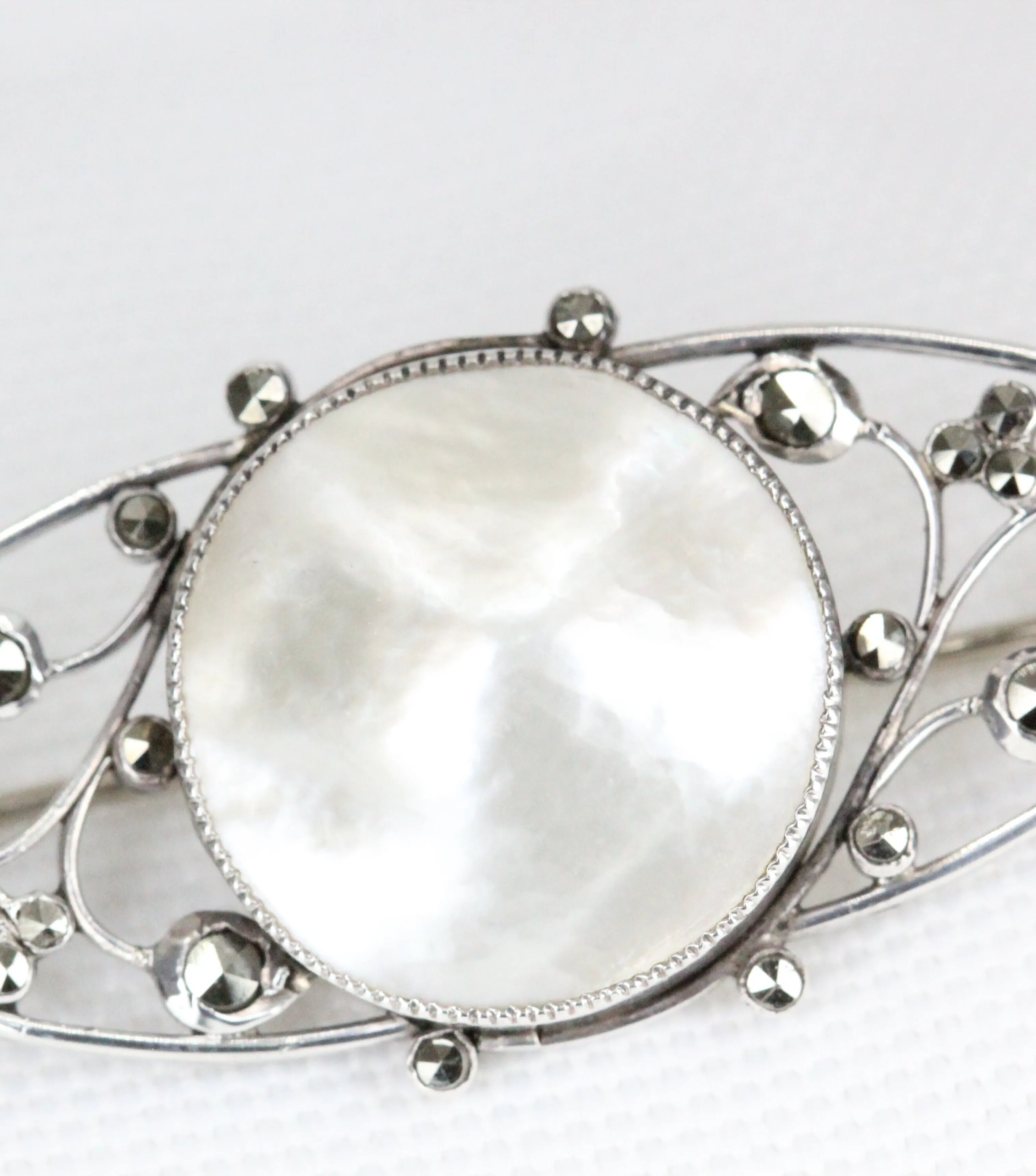 Petite Broche Argent Massif Nacre Marcassites - Bijou Victorien Antique - Occasion