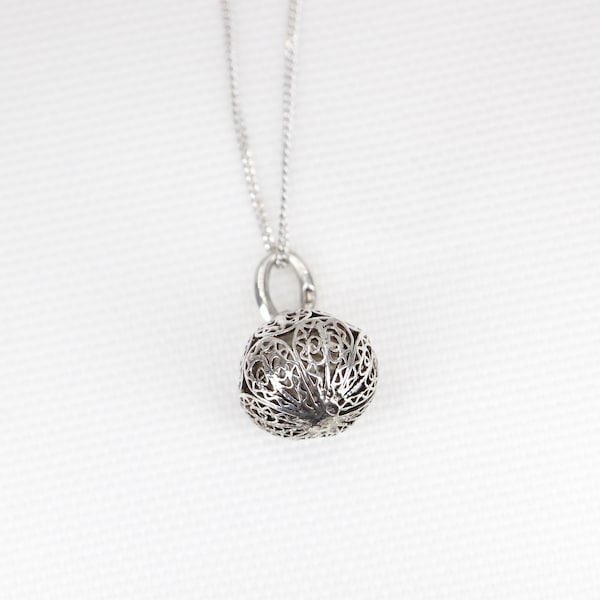Vintage Sterling Silver Decorative Ball Pendant on Chain – Retro Silver Necklace