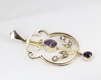 Edwardiaanse 9 kt gouden hanger met amethist en parelzaad ca. 1910 – antieke sieraden uit het begin van de 20e eeuw
