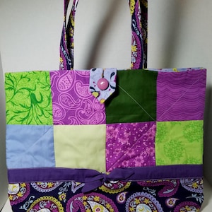 Quilted Shoulder Tote Purse - Purple Paisley