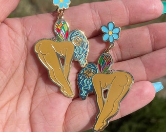 2” Hard Enamel Gold Tone Fairy Earrings