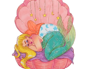 Sleeping Mermaid Illustration Prints