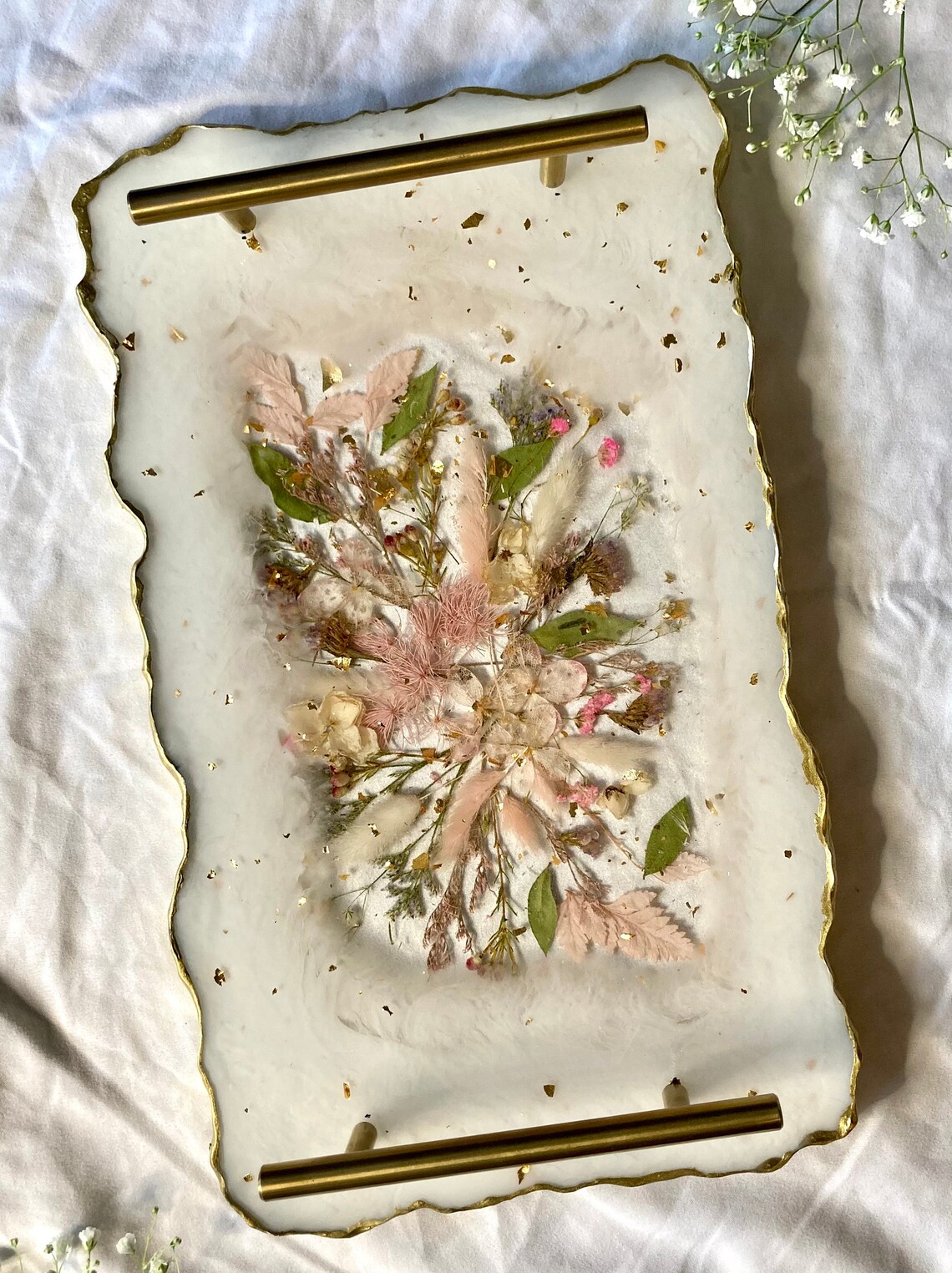 Pressed Flowers Resin Tray With Gold Leaf 13x8 Etsy