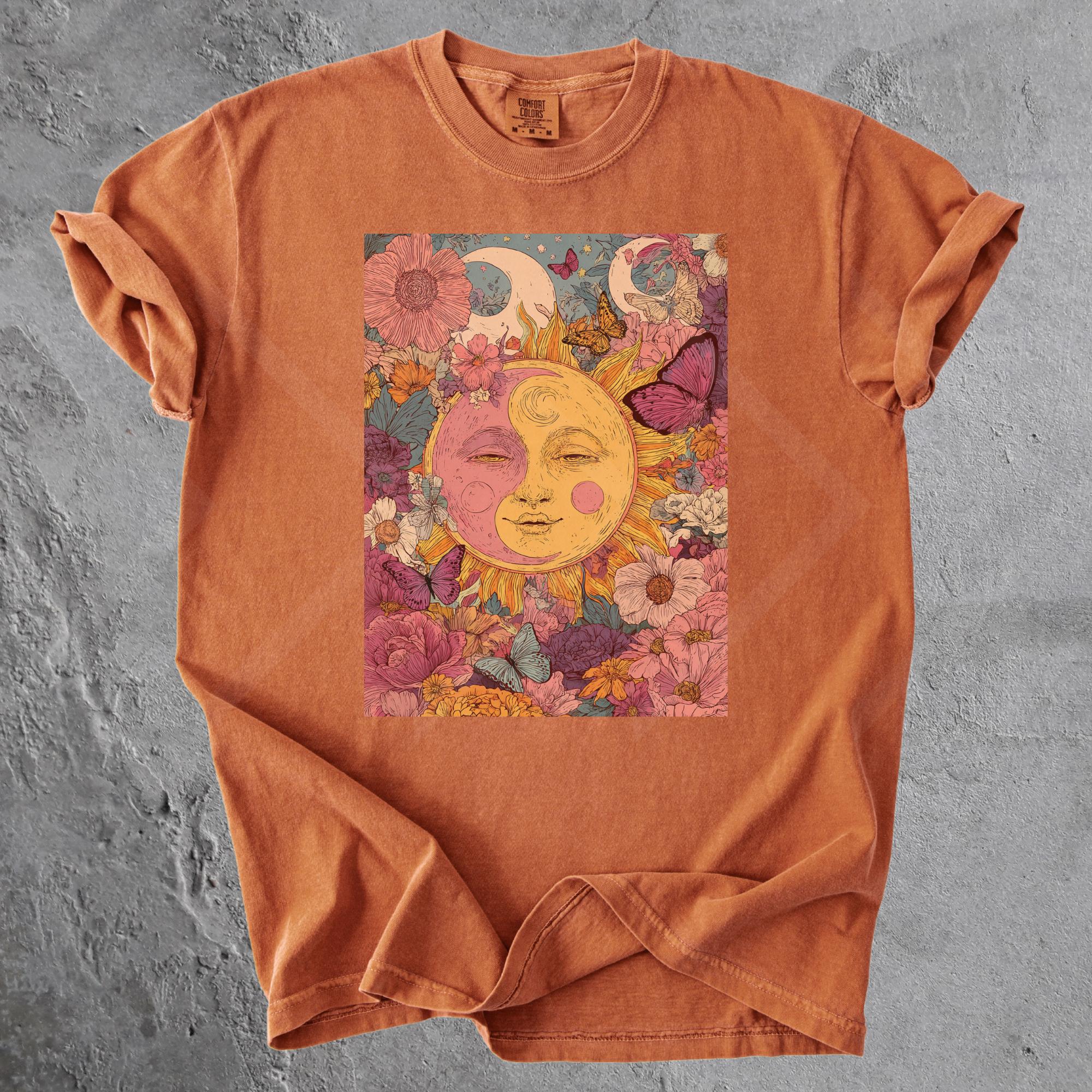 Retro Sun and Moon Floral T-Shirt, Whimsical Mystical Nature Graphic Tee, Comfort Colors Aesthetic Shirt