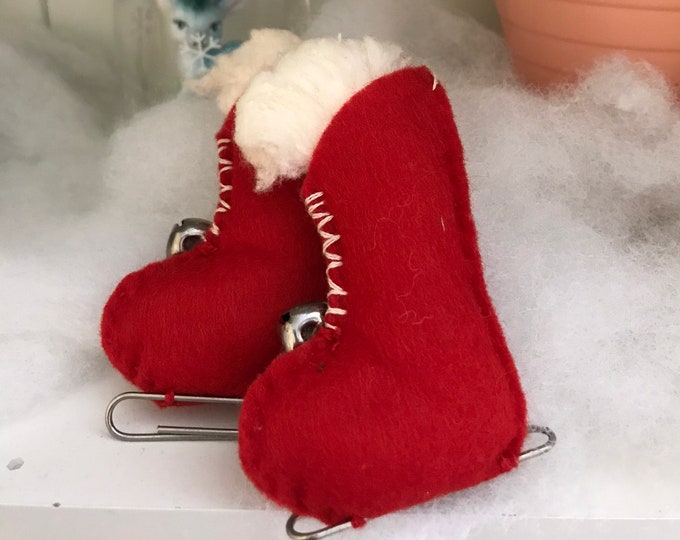 Vintage Crocheted Ice Skate Ornaments, Red, White, and Black With