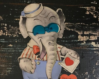 Mechanical Anthropomorphic Elephant with Sunglasses~ Valentine Card~ I Can't Let You Out of My Sight for You're My Valentine~ 1940's