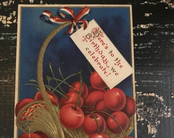 A/S Clapsaddle Basket of Cherries, Washington's Birthday Antique Postcard~ Circa 1907-1915, divided back ~ Antique Postcard Patriotic USA