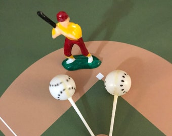 1970's Baseball Cupcake Cake Toppers & Picks - Batter Up! Set of 3- Vintage Cake Decorations- Baking Day- Baseball Fans~ Plastic Circa 70's