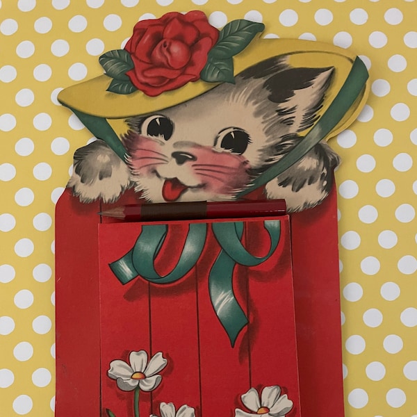 1950's Unique Unused Notepad with Pencil~ Stationery~ Kitsch Notepad~ Kitten with Dressy Hat On~ Office Pad~ Vintage~ Mid Century~ Vibrant