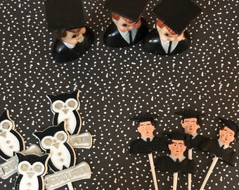 11 Vintage Retro Graduation Cake Toppers Cake Picks Assortment- Grads- Owls- Congrats Grad- Cake decorating- Diorama- Display- Graduation