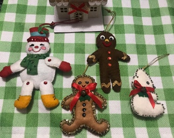 1984 Vintage Handmade Felt Christmas Ornaments set of 4- Handstitched- Snowman-Gingerbread Men- Polar Bear- Christmas Handmade Ornaments