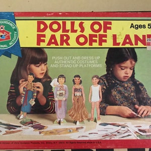 1959 Dolls Of Far Off Lands Paper Doll set in Original Box- 4 Dolls Authentic Costumes- Stand Up Platforms- Japan-Korea- Mexico and Tahiti