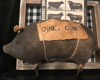 Primitive handmade farmhouse pig distressed painted fabric country home decor oink oink