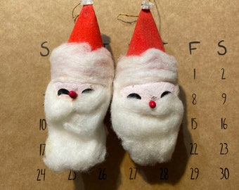 Set of 2 Vintage Paper Mache Santa Claus Ornaments ~Cotton Beards & Trim Flocked Paper Hats From the 1950's~ Made in Japan~ Old Christmas