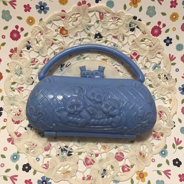 Antique 1960's Rare Blue Plastic Little Kittens Toy Doll Vintage Purse Compact Nursery