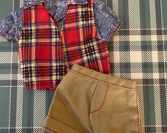 1995 Vintage Ken in Style Fashions~ Khaki Shorts~ Denim shirt~ Plaid Vest~ Rare  Find~ 3 Piece Outfit