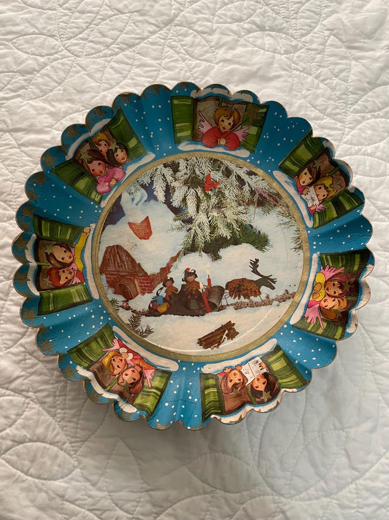Vintage Cardboard Christmas Bowl~ West Germany Mid Century~ Christmas Scene~ Candy Bowl~ Card Bowl~ Display Bowl~ Vintage Christmas Display
