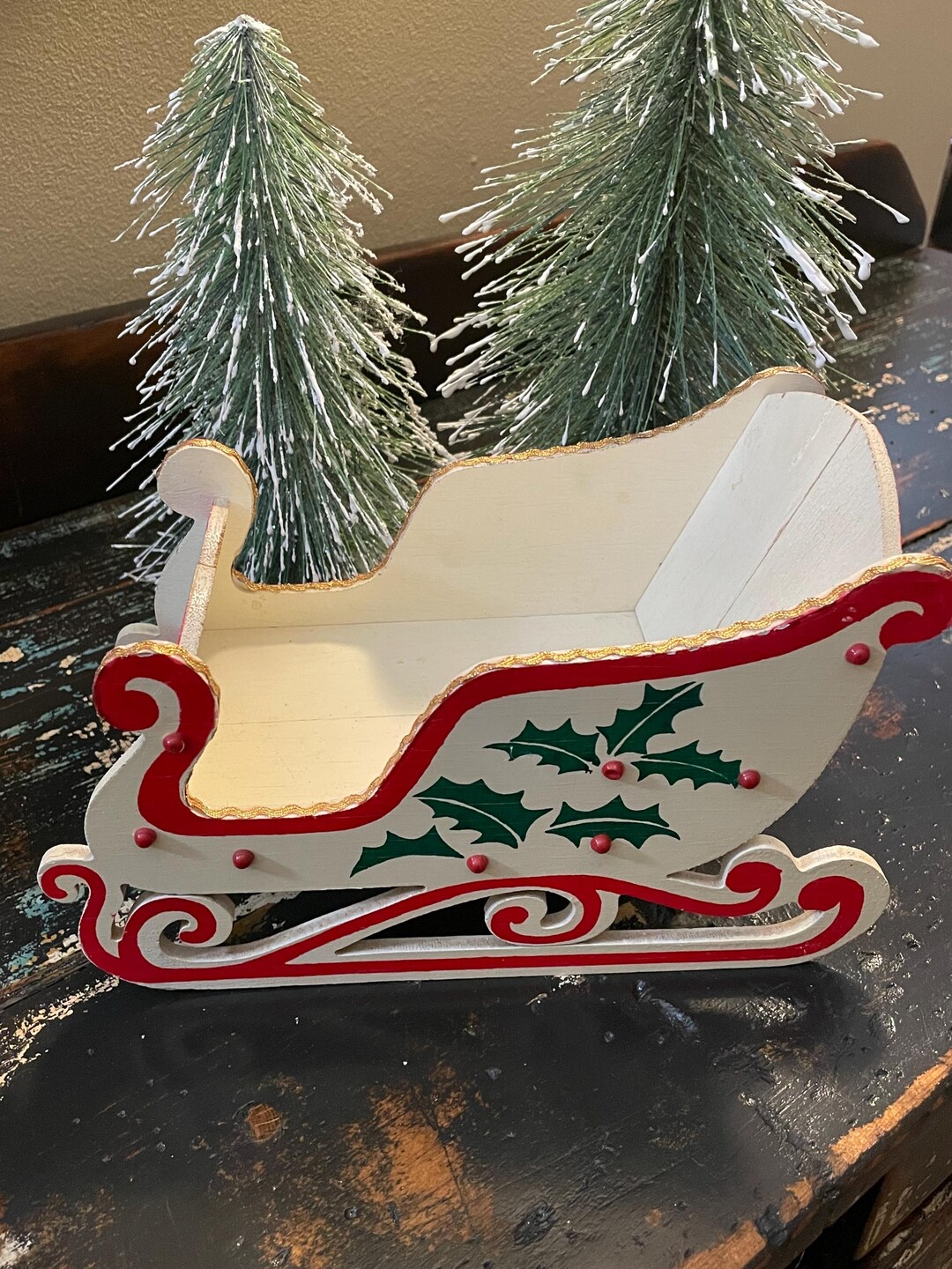 Vintage Mid Century Wooden Sleigh Card Holder Christmas Decor Etsy