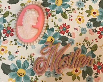 Lovely Vintage  “Mother” Cake Topper and Plastic Pink Cameo Brooch- Silhouette Woman- Mother-  Cake Topper- Crafting-Altered Art Projects