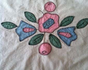 Large vintage shabby chic 1940's table runner or bed topper appliqued flowers in pink blue green lovely farmhouse goods