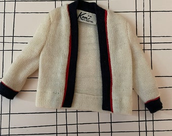 Vintage Ken Doll Time for Tennis Sweater~ White Tennis Cardigan with Red and Blue Trim~ 1962~ Vintage Doll Clothing~ Mattel