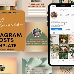 May include: A digital template for Instagram posts, featuring a warm color palette and the text "Influencer Instagram Posts Template." The design includes editable elements and a phone mockup displaying an Instagram profile.