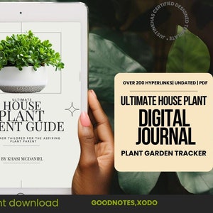 Op de afbeelding: Een digitaal dagboek voor liefhebbers van kamerplanten. De omslag toont een groene plant in een witte pot en de tekst "Ultimate House Plant Digital Journal Plant Garden Tracker".