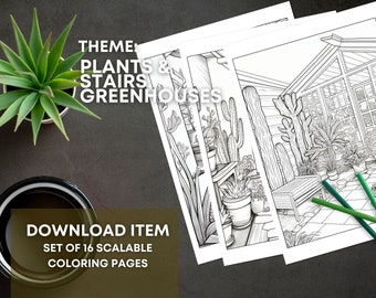 Houseplant Coloring Pages for Adults:"Crazy Plant Lady & Greenhouse", Printable PDF with 16 Pages, Boho 70s Design, Digital Coloring Book