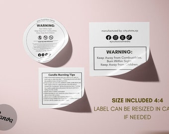 Candle Warning Label Template, Warning Candle Label, Candle Safety Template, Printable Circle Candle Labels, DIY Editable Candle Canva Jar