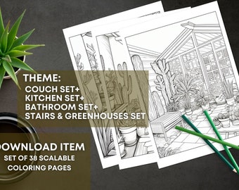 May include: A set of 38 printable coloring pages featuring a variety of interior design elements, including a couch, kitchen, bathroom, stairs, and greenhouses. The pages are scalable and can be printed in different sizes.  THEME: COUCH SET+ KITCHEN SET+ BATHROOM SET+ STAIRS & GREENHOUSES SET DOWNLOAD ITEM SET OF 38 SCALABLE COLORING PAGES