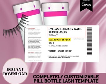 Pill Bottle Lash Label Template,  Prescription labels for eyelash packaging cases, Eyelash Technician Packaging, Lash Pill Bottle in Canva