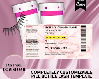 Pill Bottle Lash Label Template,  Prescription labels for eyelash packaging cases, Eyelash Technician Packaging, Pink Pill Bottle in Canva