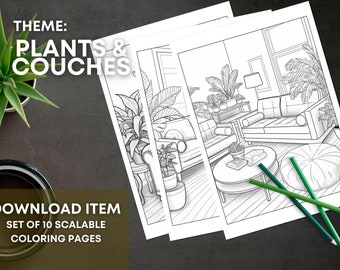 Zimmerpflanzen Malseiten für Erwachsene: Crazy Plant Lady & Couch, Set 10, printable PDF mit 10 Seiten, Boho 70s Design, digitales Malbuch