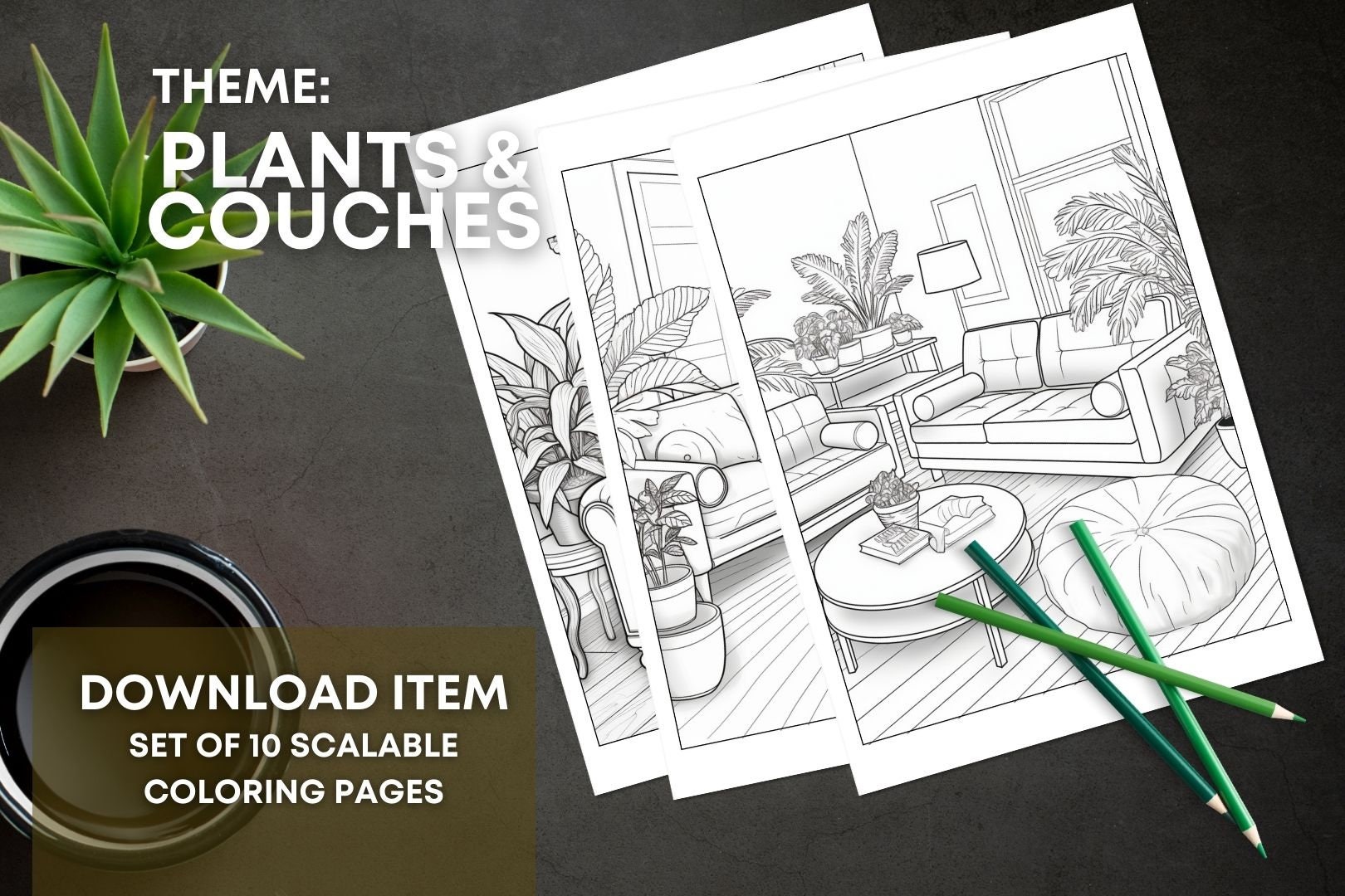 Houseplant Coloring Pages for Adults:crazy Plant Lady & Couch Set 10, Printable PDF With 10 ...