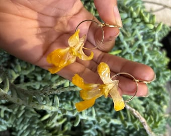 Real yellow Orchid Flower UV resin coated with Gold accents bottom Dangled Drop Earrings, Handmade Earrings,jewelry gifts , Gift for Her