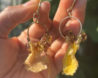 Real yellow Orchid Flower UV resin coated with Gold accents Dangled Drop Earrings, Handmade Earrings, jewelry gifts, Gift for Her