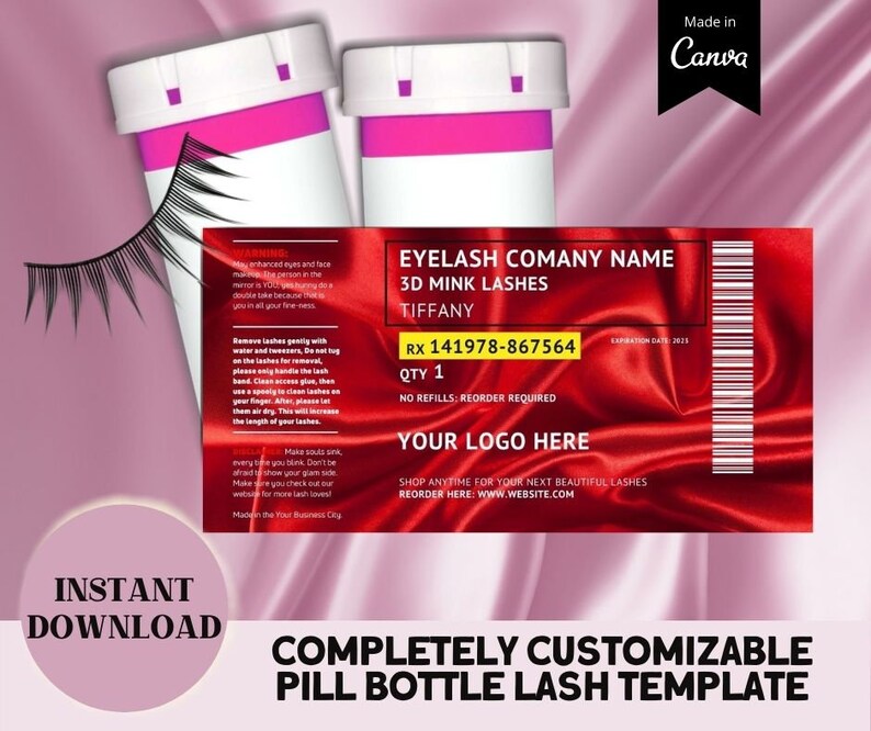 Modello per le vacanze con etichetta per ciglia per bottiglia di pillola, etichette per prescrizione invernale, custodie per imballaggio per ciglia, imballaggio tecnologico per ciglia, bottiglia per pillola per ciglia / Canva immagine 1