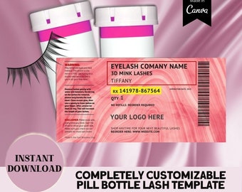 Pill Bottle Lash Label Template, Prescription labels for eyelash packaging cases, Eyelash Technician Packaging, Lash Pill Bottle in Canva