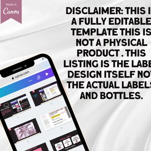 Pu&ograve; includere: Uno screenshot di un telefono che mostra un sito web Canva.com con un disclaimer che recita: "DISCLAIMER: QUESTO &Egrave; UN MODELLO COMPLETAMENTE MODIFICABILE. QUESTO NON &Egrave; UN PRODOTTO FISICO. QUESTO ANNUNCIO &Egrave; IL DESIGN DELL'ETICHETTA STESSA, NON LE ETICHETTE E LE BOTTIGLIE REALI."