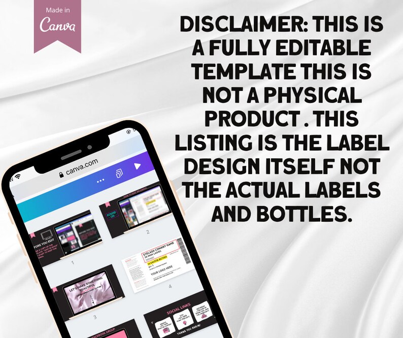 Pu&ograve; includere: Uno screenshot di un telefono che mostra un sito web Canva.com con un disclaimer che recita: "DISCLAIMER: QUESTO &Egrave; UN MODELLO COMPLETAMENTE MODIFICABILE. QUESTO NON &Egrave; UN PRODOTTO FISICO. QUESTO ANNUNCIO &Egrave; IL DESIGN DELL'ETICHETTA STESSA, NON LE ETICHETTE E LE BOTTIGLIE REALI."