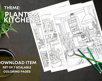 Houseplant Coloring Pages for Adults:"Crazy Plant Lady & kitchen" Set 7 of 7, Printable PDF with 7 Pages, Boho Design, Digital Coloring Book