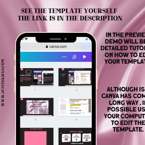 Pu&ograve; includere: Uno screenshot di un telefono che mostra un sito web Canva.com con un'anteprima di un modello per un'attivit&agrave; di ciglia. Il modello include un titolo, "Let's Make Something Beautiful", una sezione di gruppo Facebook e una sezione di link social. Il testo sullo schermo del telefono dice: "Nella demo di anteprima, ci sar&agrave; un tutorial dettagliato su come modificare il tuo modello. Anche se ISO Canva ha fatto molta strada, se possibile, usa il tuo computer per modificare il modello."