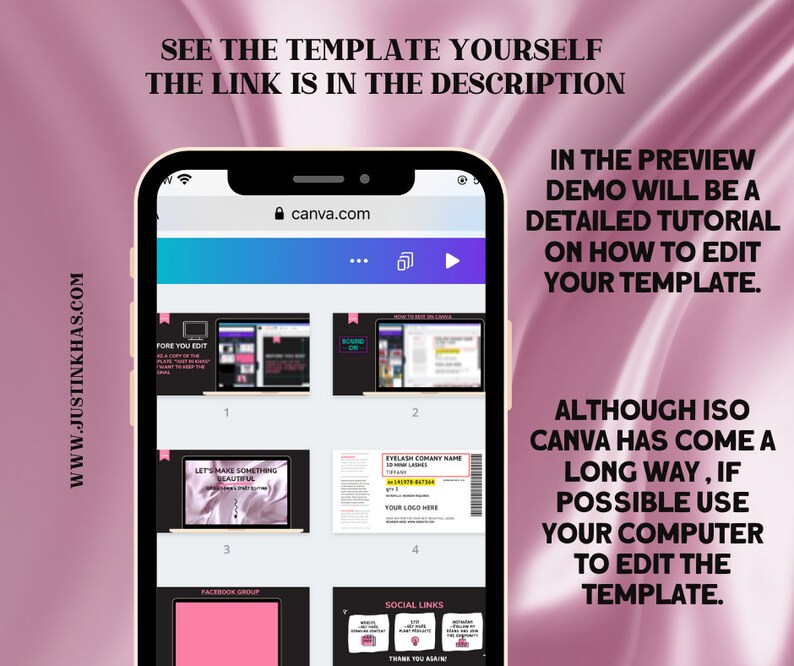 Pu&ograve; includere: Uno screenshot di un telefono che mostra un sito web Canva.com con un'anteprima di un modello per un'attivit&agrave; di ciglia. Il modello include un titolo, "Let's Make Something Beautiful", una sezione di gruppo Facebook e una sezione di link social. Il testo sullo schermo del telefono dice: "Nella demo di anteprima, ci sar&agrave; un tutorial dettagliato su come modificare il tuo modello. Anche se ISO Canva ha fatto molta strada, se possibile, usa il tuo computer per modificare il modello."
