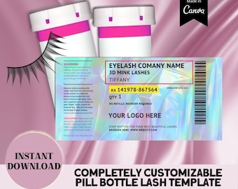 Pillenflasche Lash Label holographische Vorlage, verschreibungspflichtige Etiketten Wimpernverpackungshüllen, Wimpern-Tech-Verpackung, Lash Pill Bottle | Leinwand