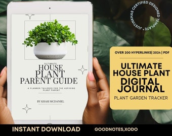 May include: A digital tablet displaying a cover page titled Ultimate House Plant Parent Guide by Khasi McDaniel, featuring a green plant in a white pot. A yellow overlay box displays the text Ultimate House Plant Digital Journal Plant Garden Tracker.