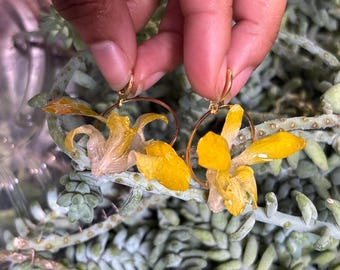 Real yellow Orchid Flower UV resin coated with Gold accents Dangled Drop Earrings, Handmade Earrings, jewelry gifts, Gift for Her