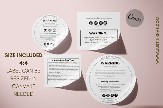 Candle Warning Label Template, Wax Melt Candle Label, Candle Safety Template, Printable Circle Candle Labels, DIY Editable Candle Canva Jar