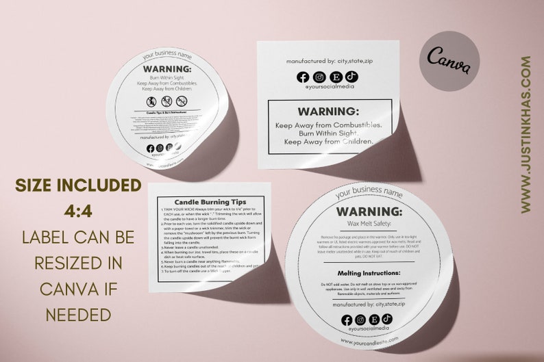 Candle Warning Label Template, Wax Melt Candle Label, Candle Safety Template, Printable Circle Candle Labels, DIY Editable Candle Canva Jar image 1