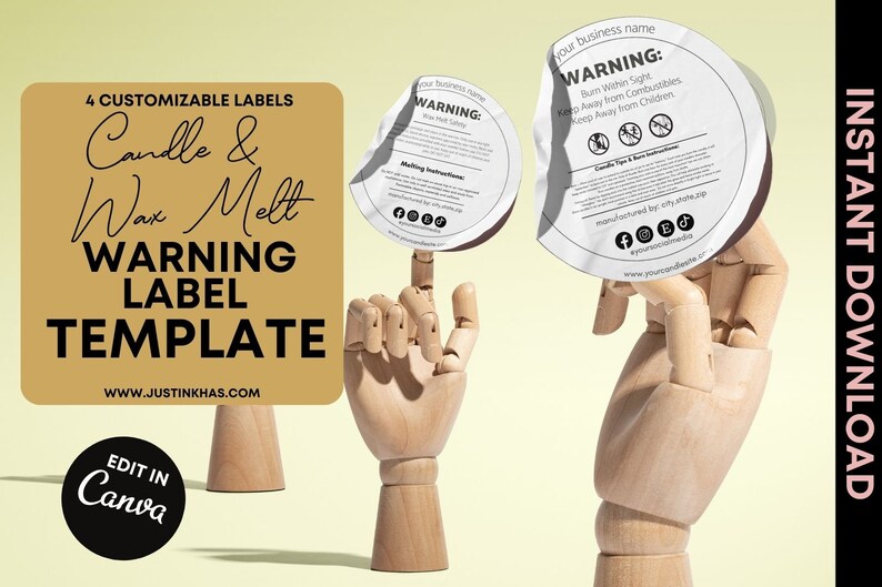 May include: A set of four customizable candle and wax melt warning labels. The labels are white with black text and icons. The text on the labels reads "WARNING: Burn Within Sight. Keep Away from Combustibles. Keep Away from Children." The labels are displayed on a wooden hand model.